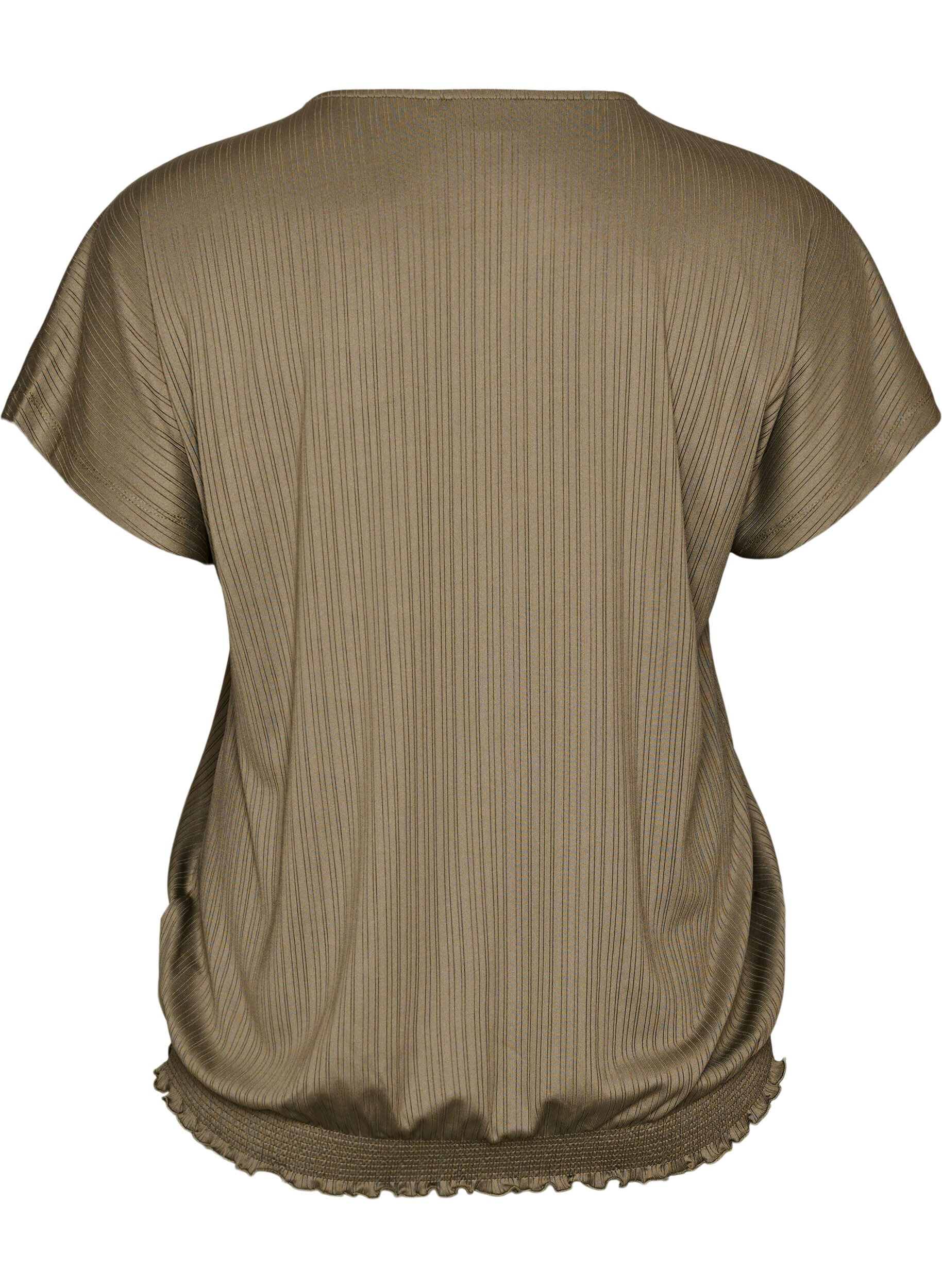 ZizziJerseybluse med strukturstriber og smockkant, Brun, Packshot image number 1
