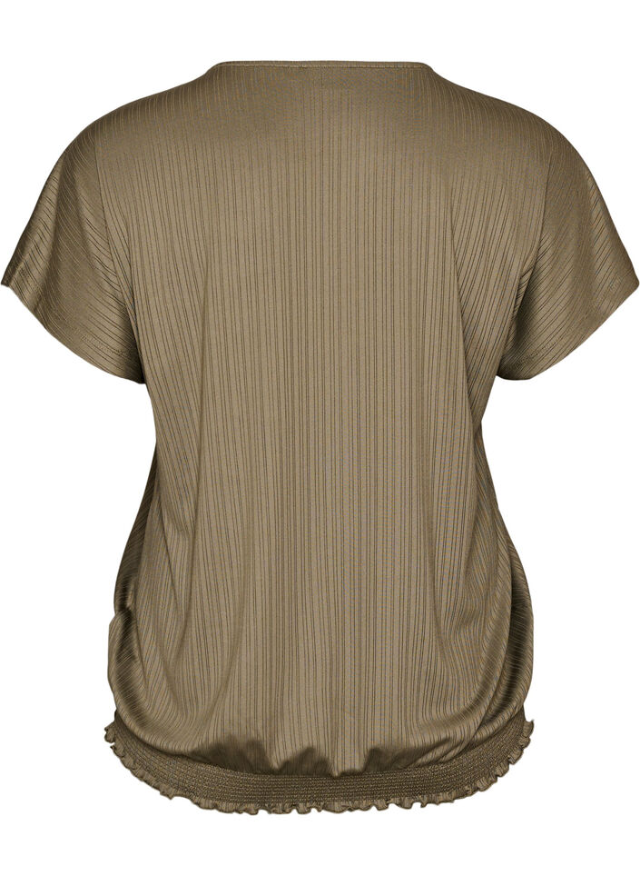 Jerseybluse med strukturstriber og smockkant, Brun, Packshot image number 1