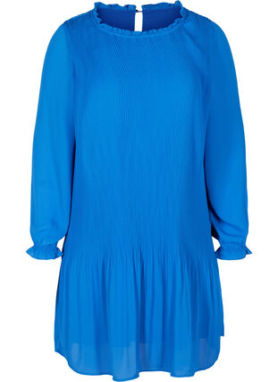 Langærmet plissékjole med flæser, Dazzling Blue, Packshot image number 0