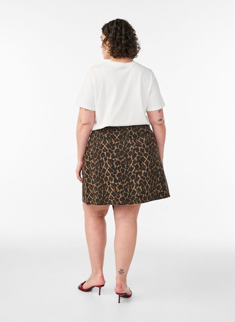 Kort denimnederdel med leopardprint og A-snit, Brun, Model image number 1
