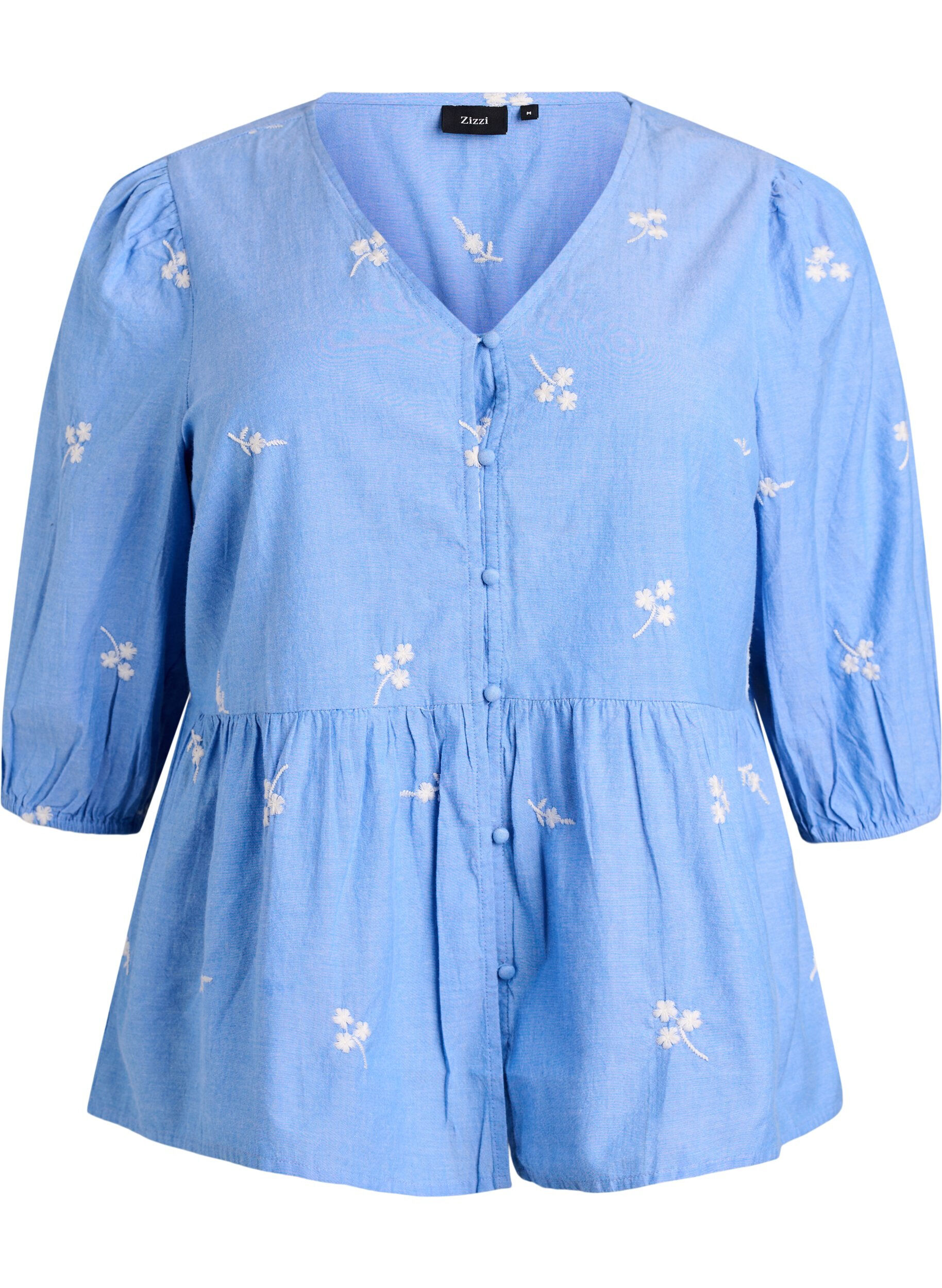 ZizziBluse i bomuld med broderede blomster og knaplukning, Bl&aring;, Packshot image number 0