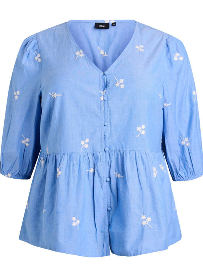 Bluse i bomuld med broderede blomster og knaplukning, Bl&aring;, Packshot image number 0