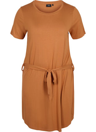 Kortærmet kjole med taljebælte, Pecan Brown, Packshot image number 0