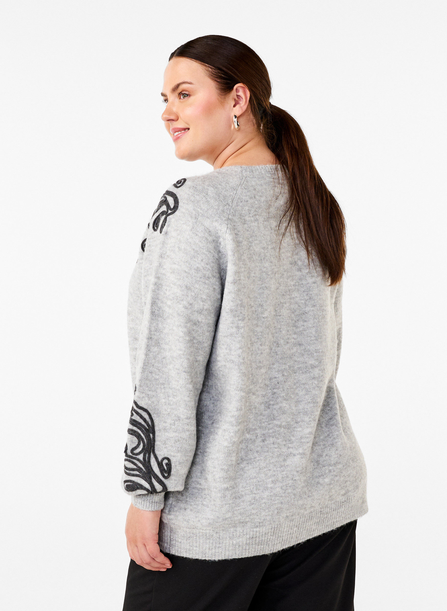 Zizzi Strikbluse med dekorativt m&oslash;nster , Light Grey Melange, Model image number 1
