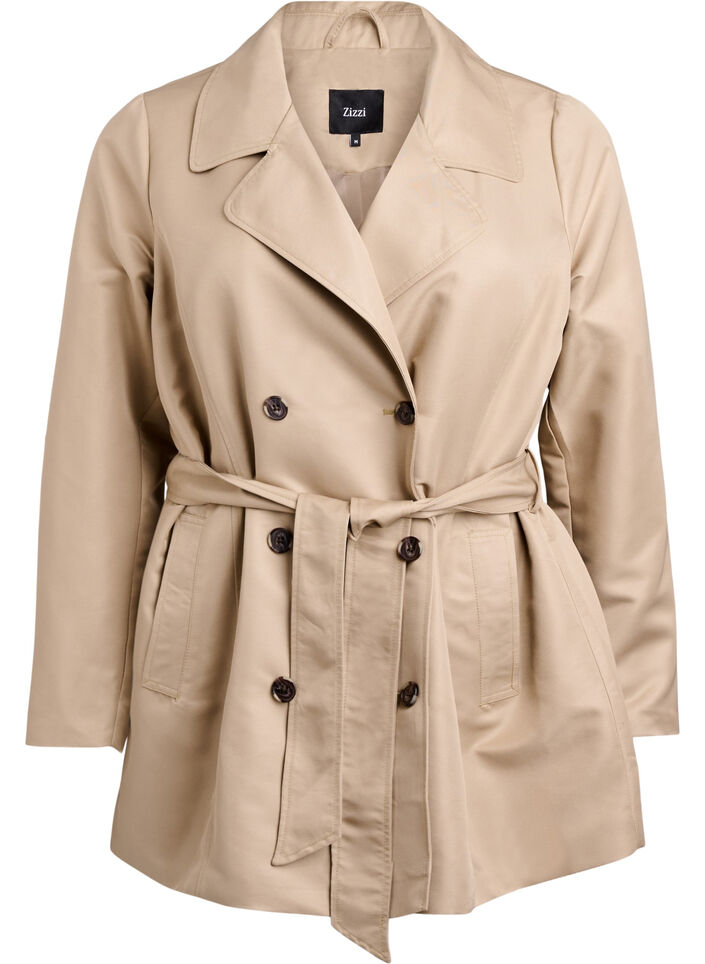 Kort trenchcoat med bælte, Beige, Packshot image number 0