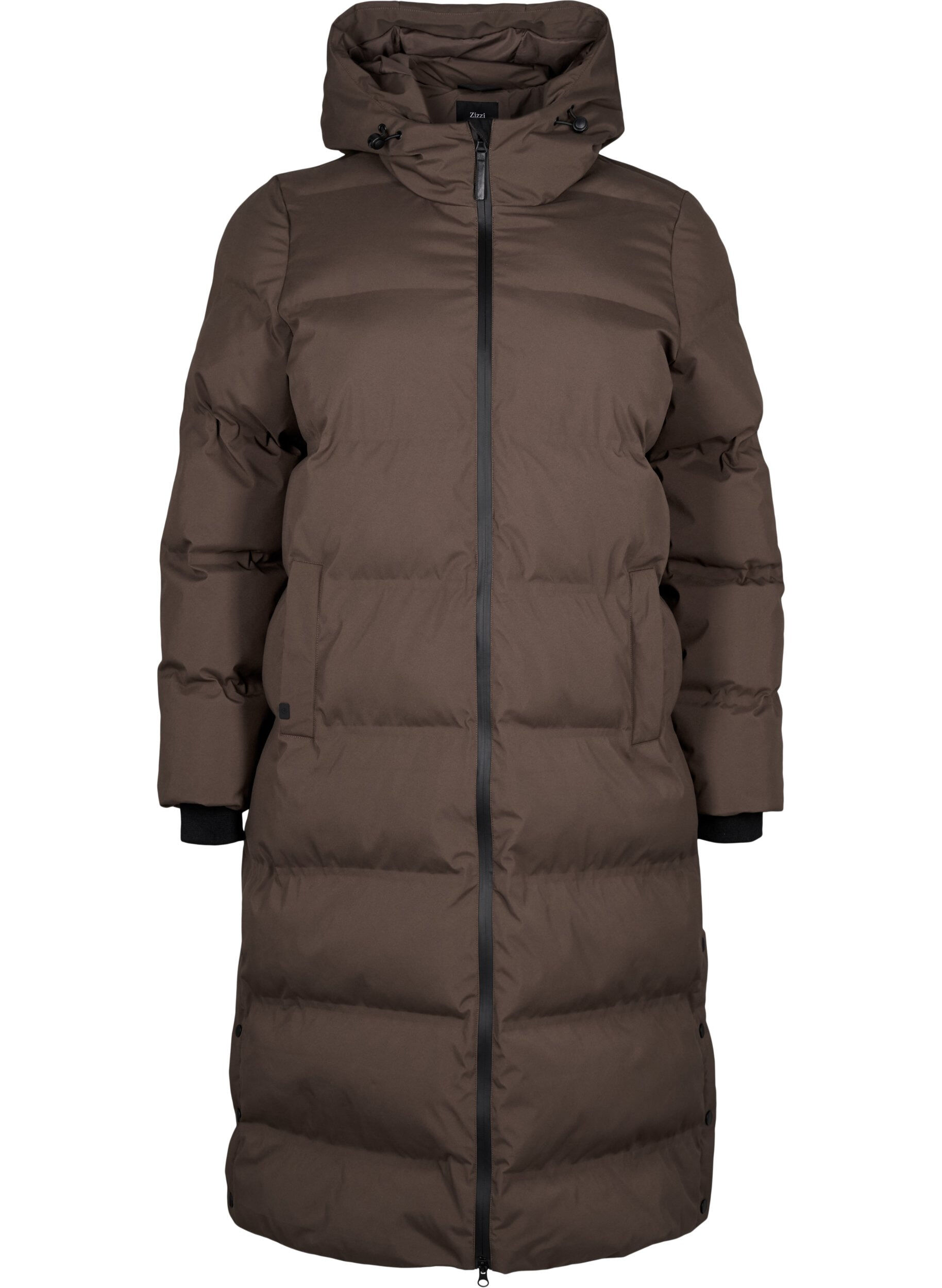 Zizzi Lang puffer vinterjakke med h&aelig;tte, Brun, Packshot image number 0