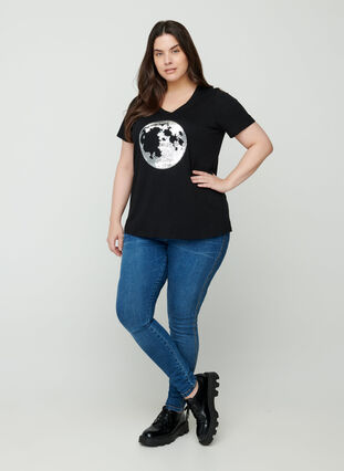 Bomulds t-shirt med pailletter, Black, Model image number 2
