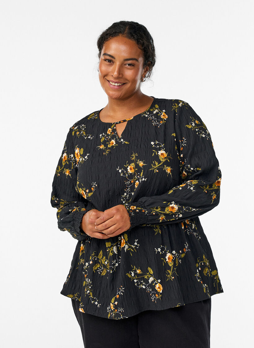 Langærmet bluse med blomsterprint, Sort, Model image number 0