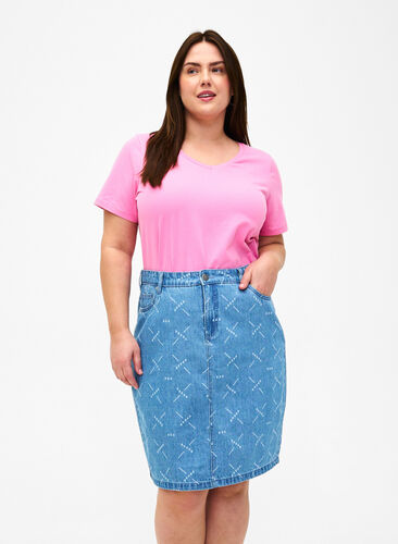 Denim nederdel med mønster, Light blue denim, Model image number 0