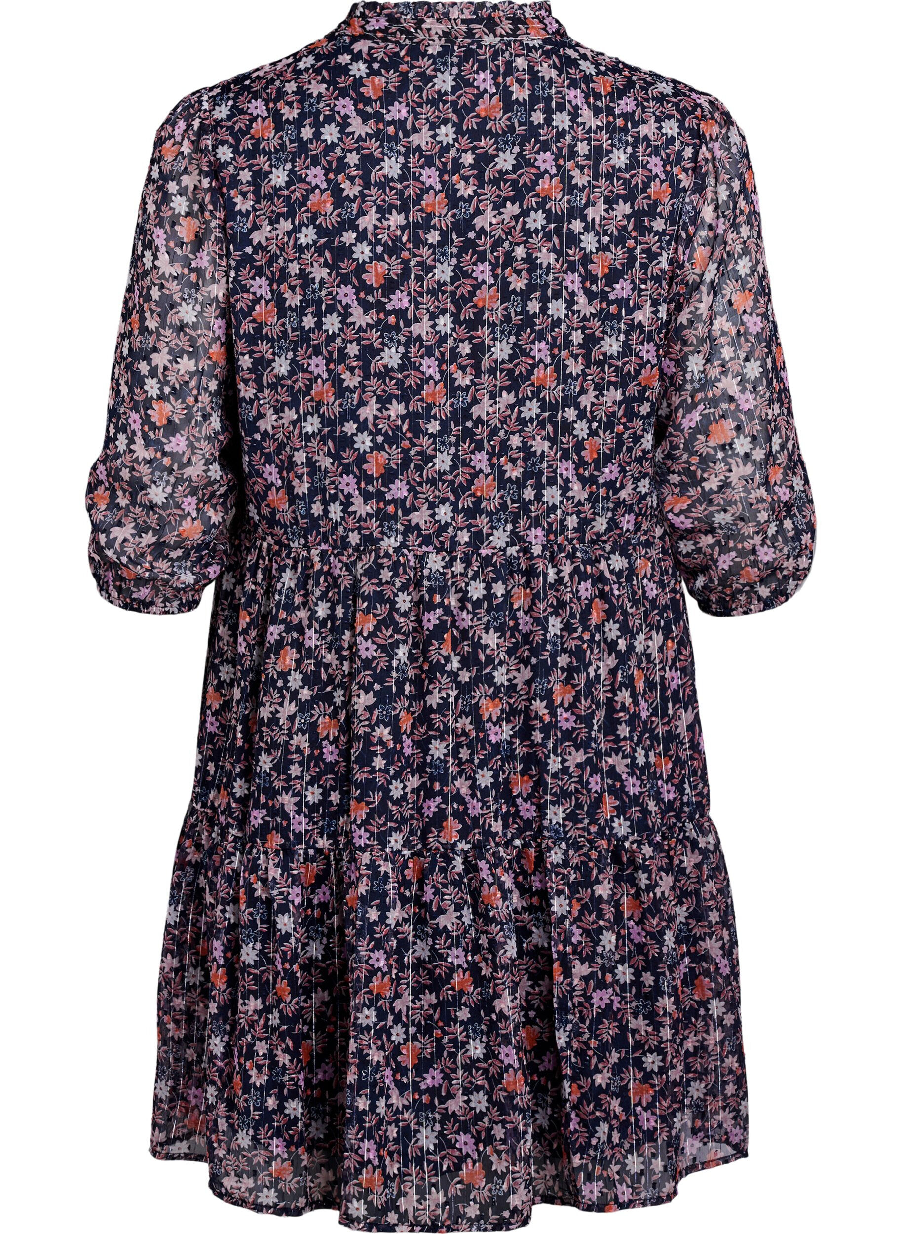 ZizziTunika med blomsterprint og glittertr&aring;de, Bl&aring;, Packshot image number 1