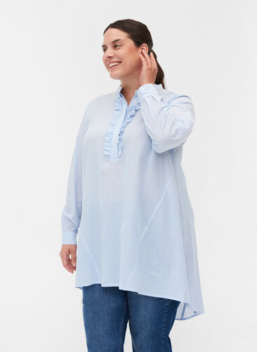 Bomulds skjorte med striber og flæser, Blue Stripe, Model image number 0