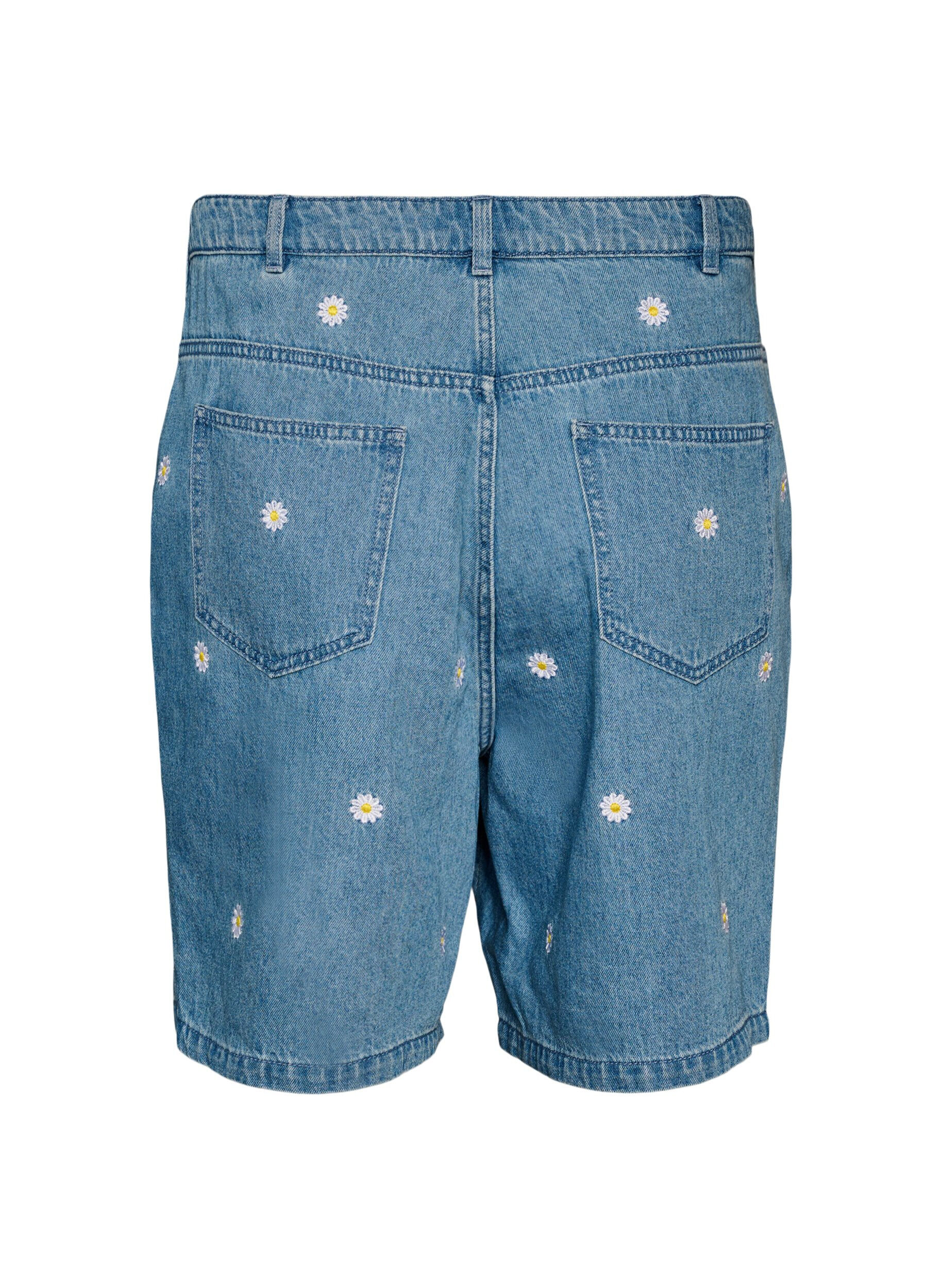 Zizzi Denimshorts med blomsterbroderi og h&oslash;j talje, Bl&aring;, Packshot image number 1