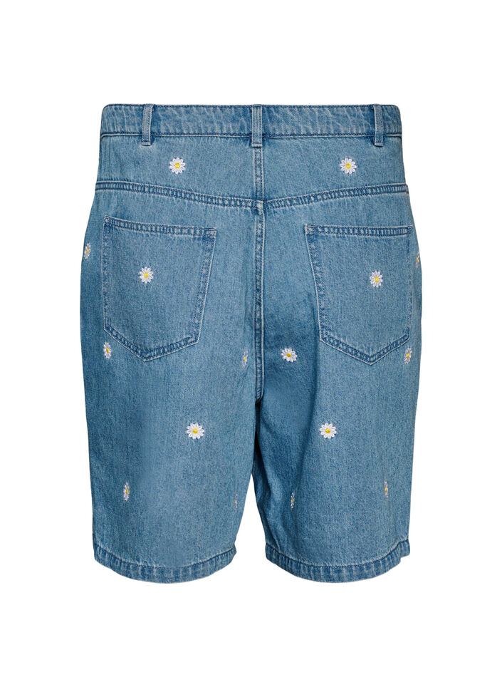 Denimshorts med blomsterbroderi og h&oslash;j talje, Bl&aring;, Packshot image number 1
