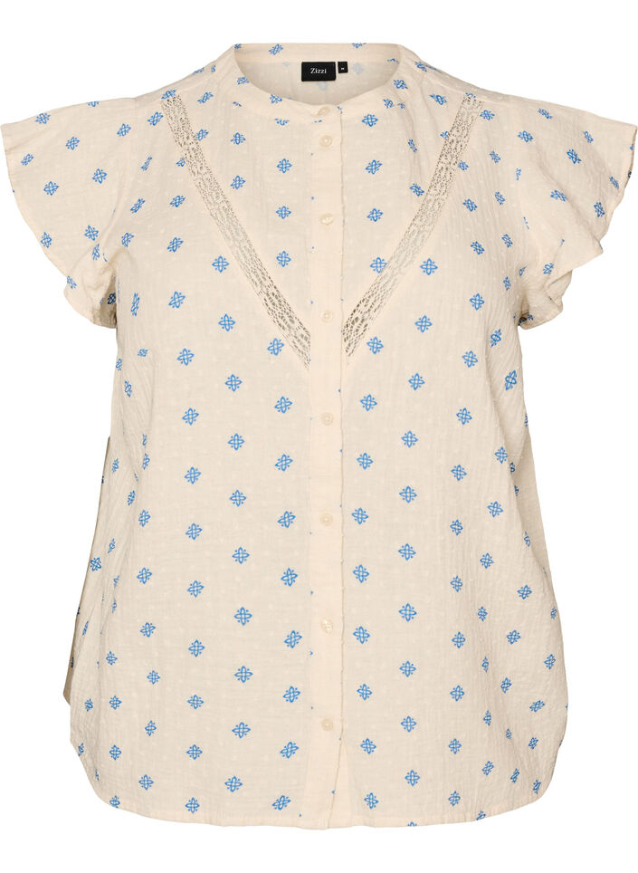 &AElig;rmel&oslash;s bluse med crochetb&aring;nd og fl&aelig;sedetalje, Beige, Packshot image number 0