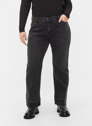 Wide fit jeans med høj talje, Grey Denim, Model image number 2