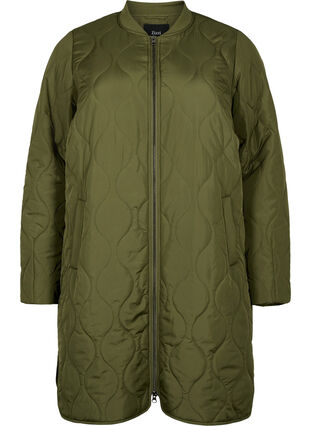 Lang quiltet jakke med lommer og lynlås, Winter Moss, Packshot image number 0