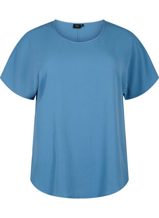 Bluse med korte ærmer og rund halsudskæring, Moonlight Blue, Packshot image number 0