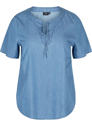 Kortærmet denim bluse i bomuld, Medium Blue Denim, Packshot image number 0