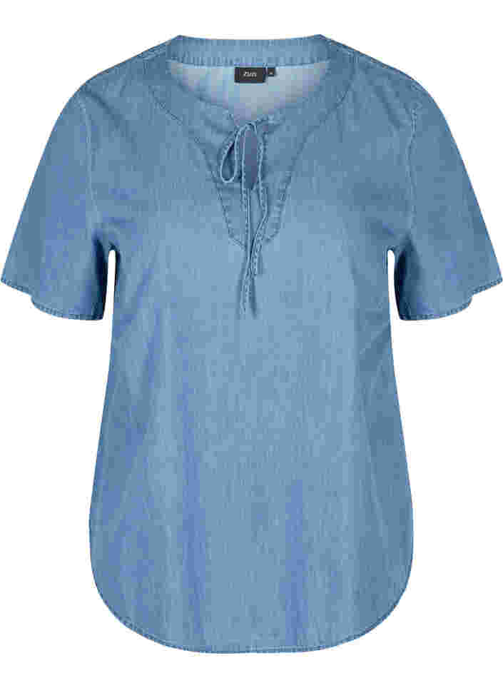 Kortærmet denim bluse i bomuld, Medium Blue Denim