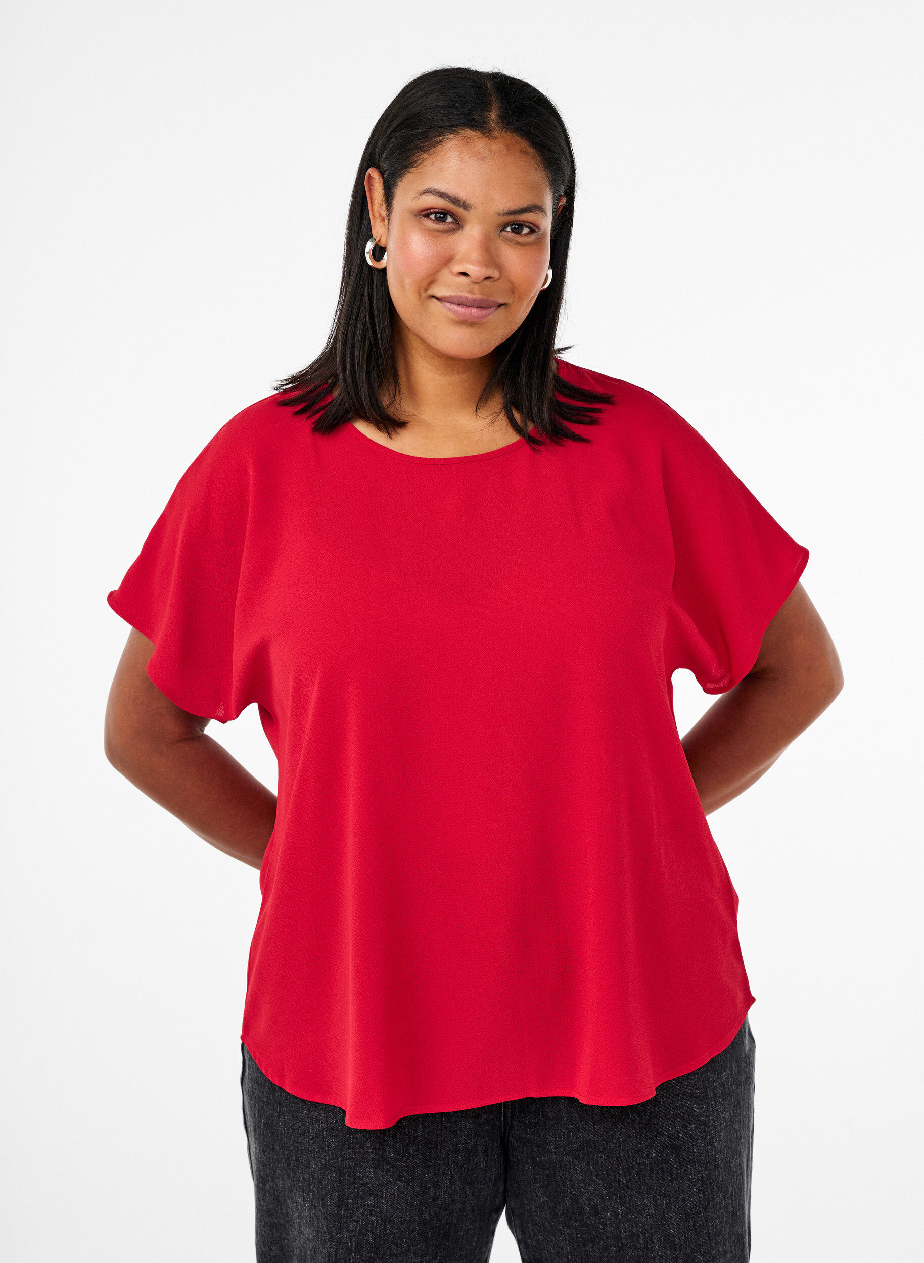 ZizziBluse med korte &aelig;rmer og rund halsudsk&aelig;ring, R&oslash;d, Model image number 0