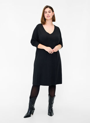 Ensfarvet kjole med v-hals og lange ærmer, Black, Model image number 2