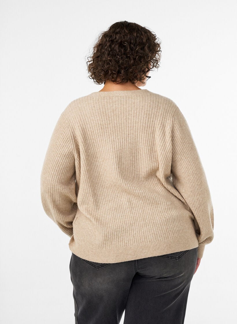 Cardigan med V-hals og ribstruktur, Beige, Model image number 2