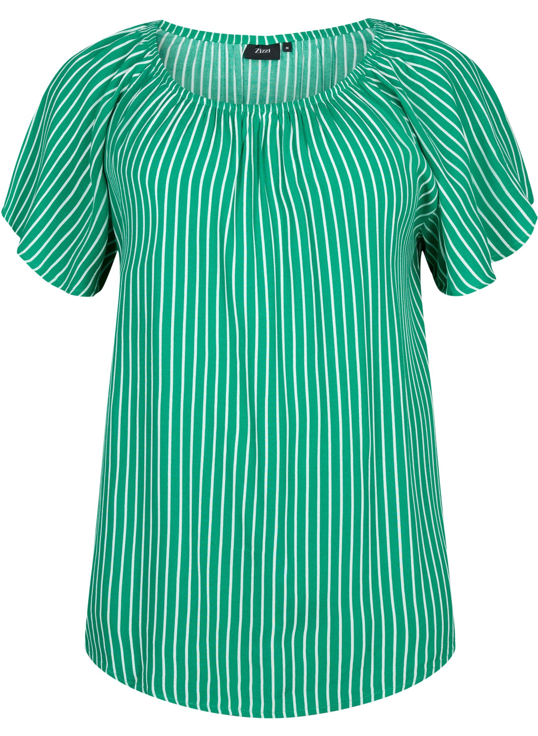 Zizzi Stribet viskose bluse med korte &aelig;rmer, J.Green/White Stripe, Packshot image number 0