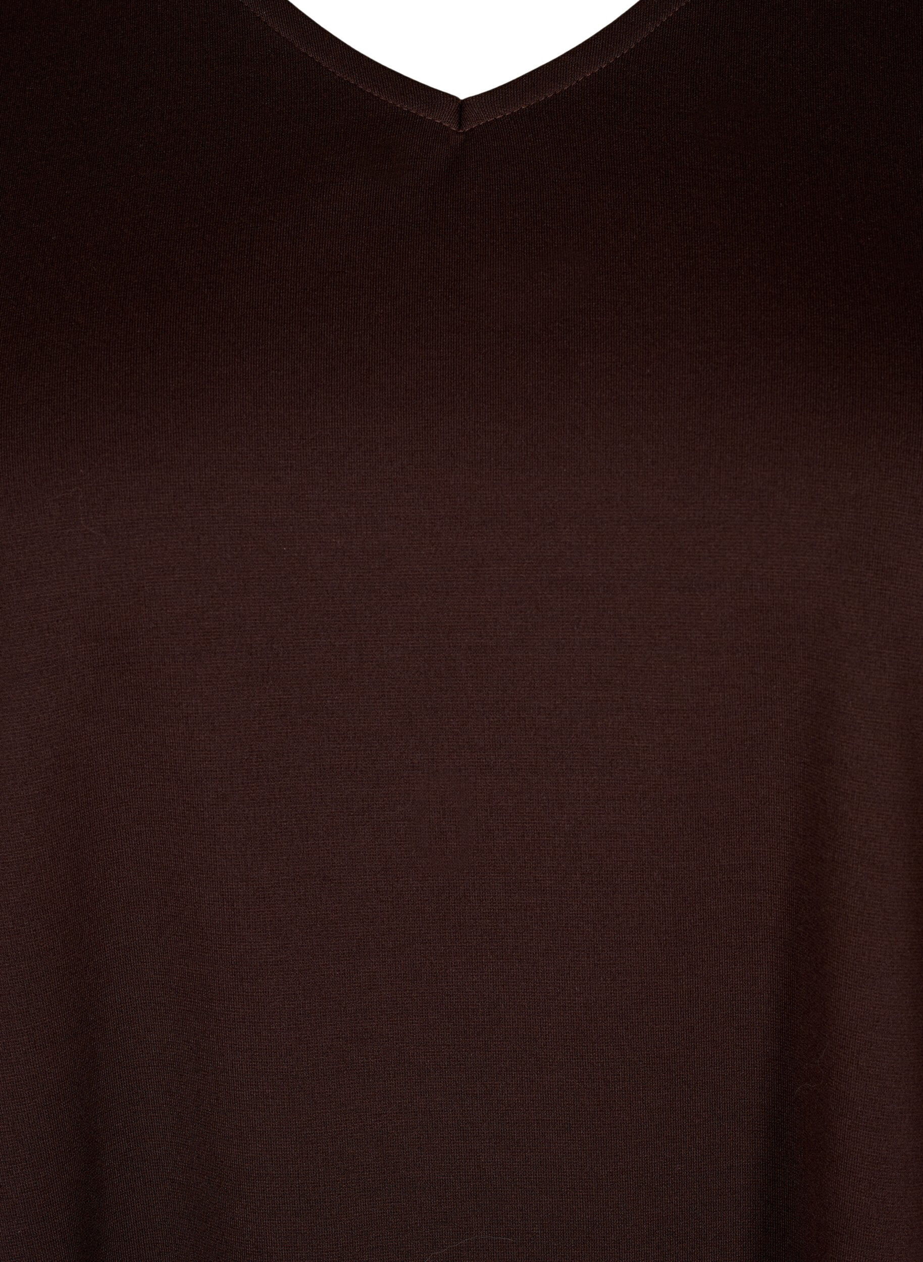 Zizzi Ensfarvet kjole med v-hals og 3/4 &aelig;rmer, Coffee Bean, Packshot image number 2