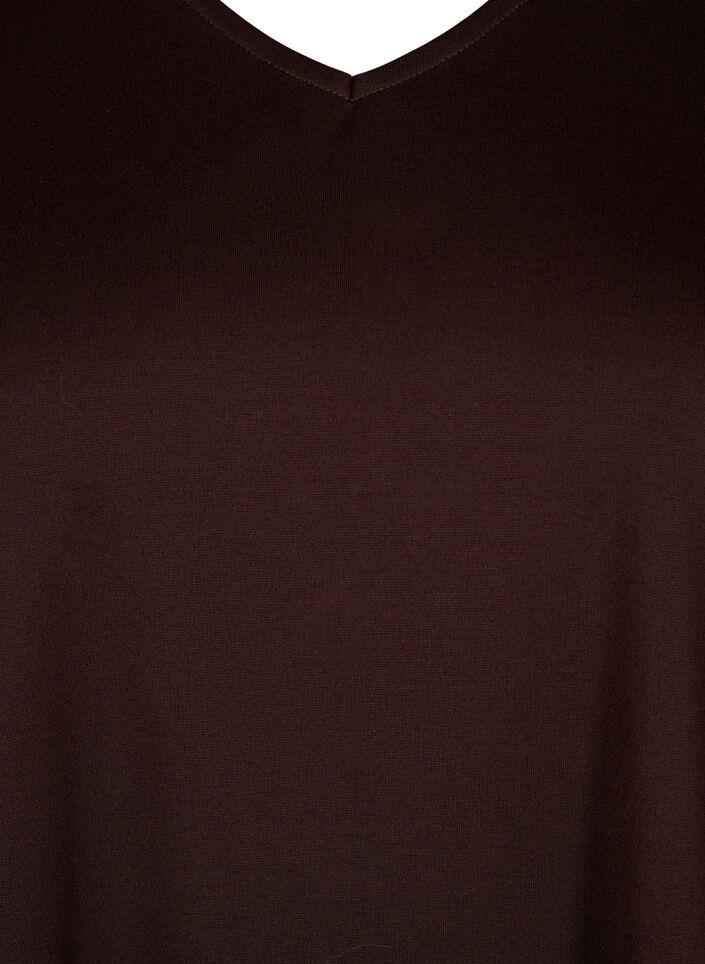 Ensfarvet kjole med v-hals og 3/4 ærmer, Coffee Bean, Packshot image number 2