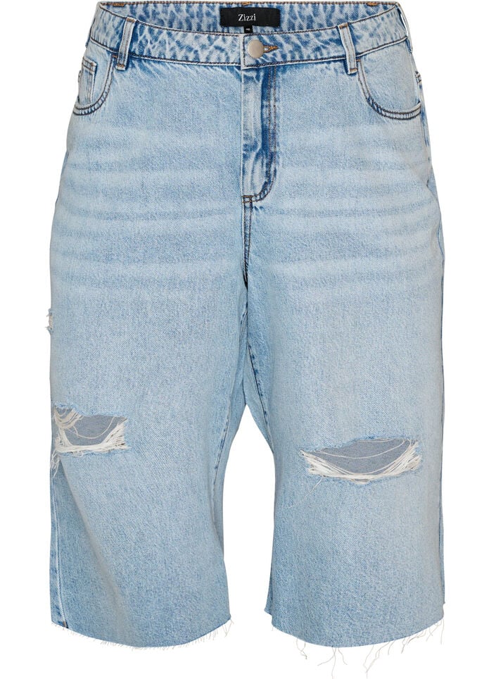 Jeansknickers med slidt look og r&aring; kanter, Bl&aring;, Packshot