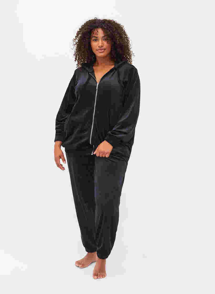 Velour cardigan med lynlås og hætte, Black, Model image number 2