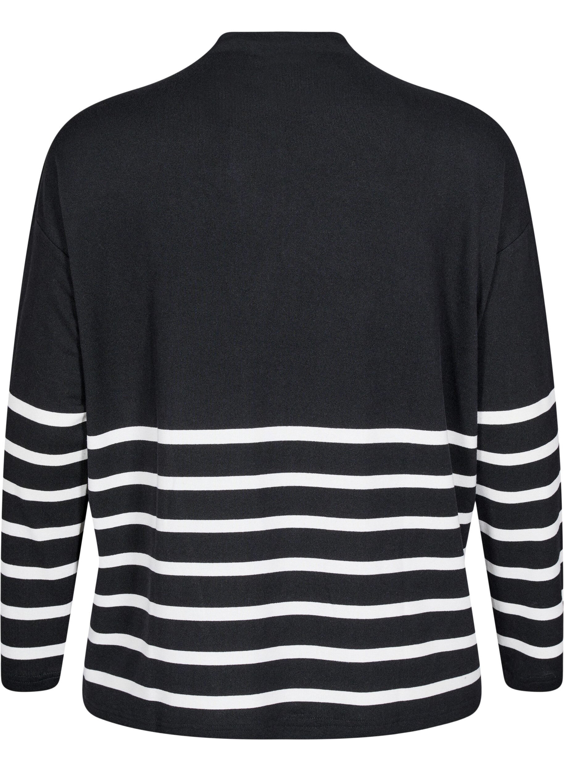 Zizzi Lang&aelig;rmet bluse med striber og h&oslash;j hals, Sort, Packshot image number 1
