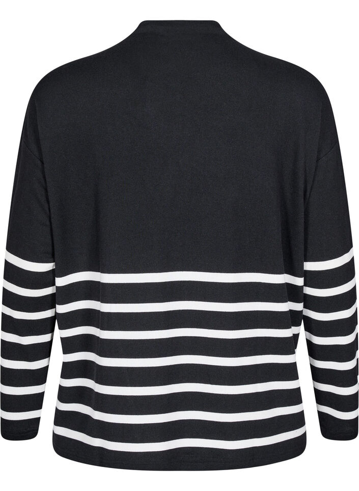 Langærmet bluse med striber og høj hals, Sort, Packshot image number 1