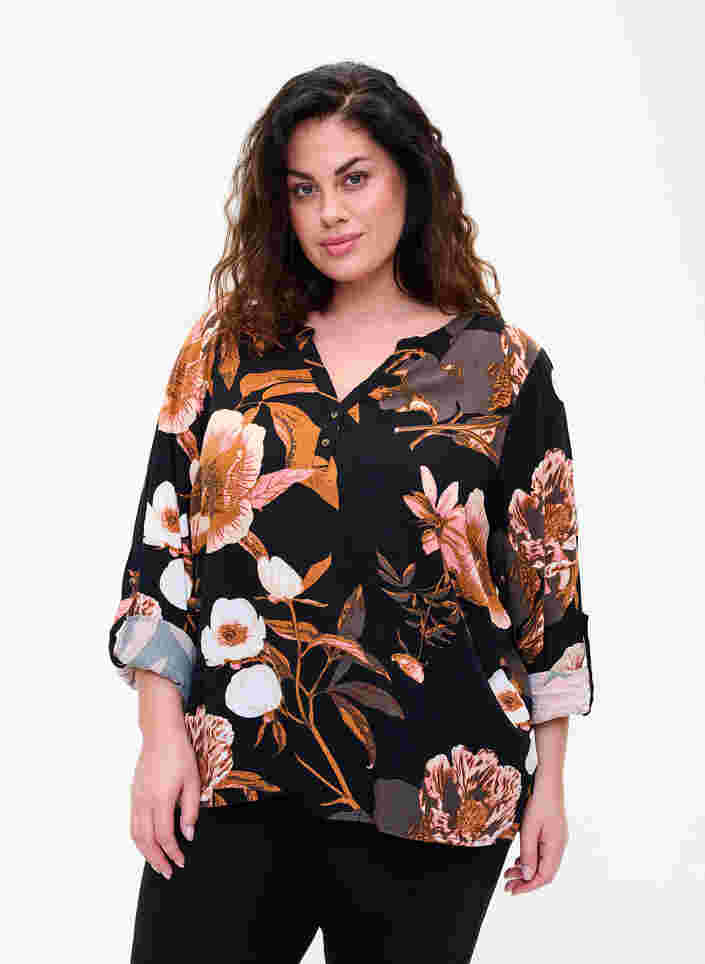 Bluse i viskose med blomsterprint, Black Flower AOP, Model