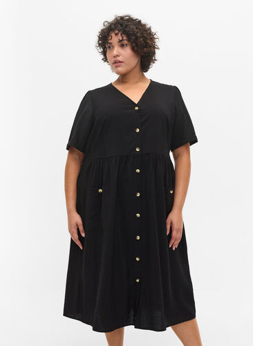 Kortærmet kjole med knapper og lommer, Black, Model image number 0