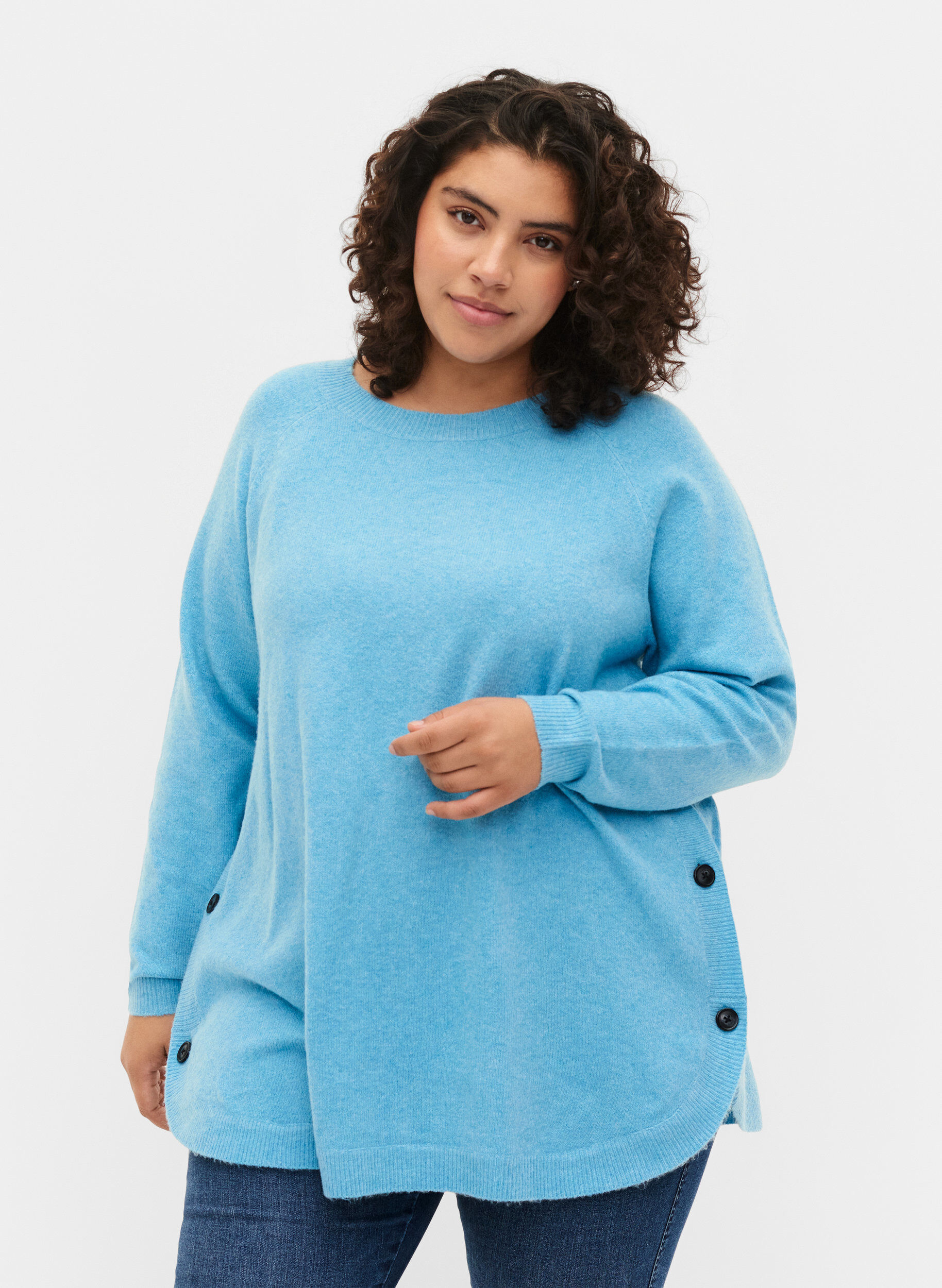 Zizzi Meleret strikbluse med knappedetaljer, River Blue WhiteMel., Model image number 0