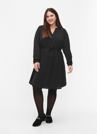 Printet kjole med snøre i taljen, Black Dot, Model image number 2