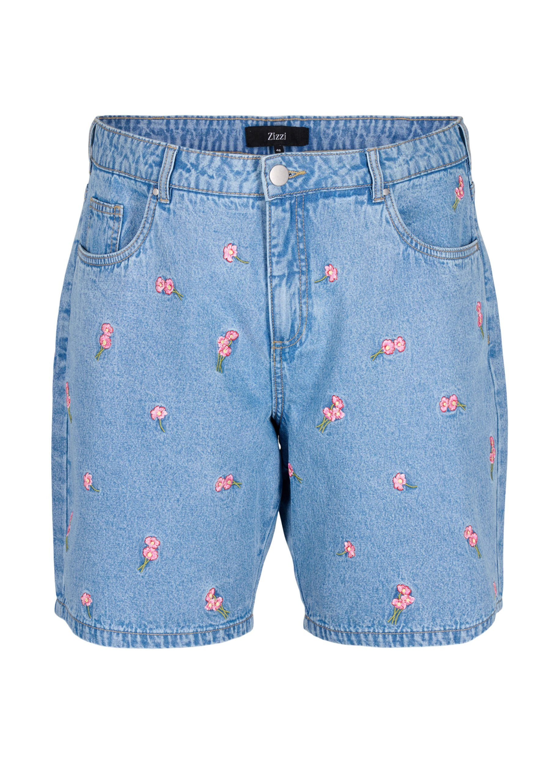 Zizzi Denim shorts med broderede jordb&aelig;r, Bl&aring;, Packshot image number 0