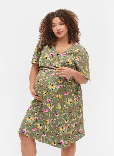 Graviditets kjole i viskose med wrap, Green Flower Print, Model image number 0