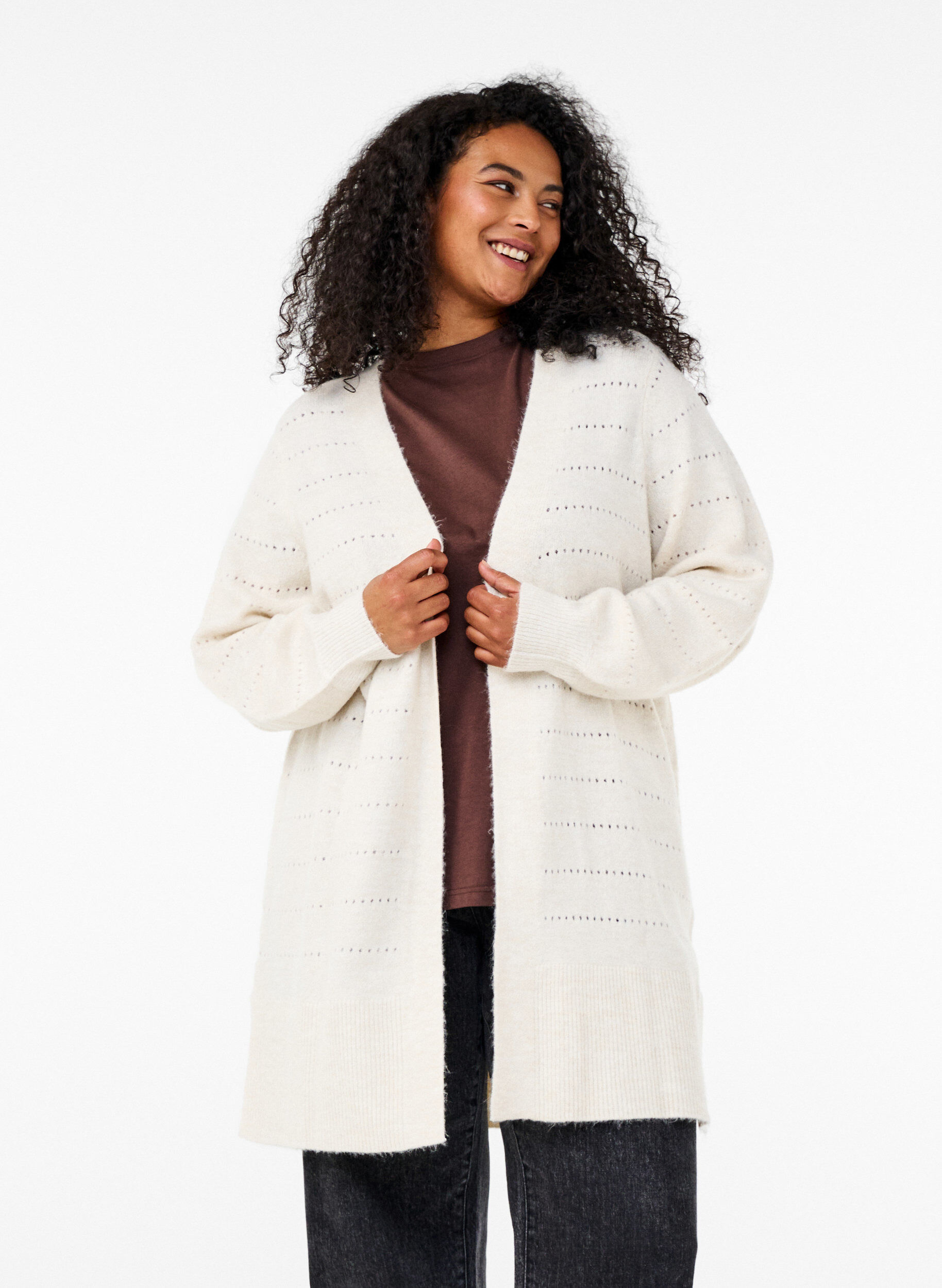 Zizzi Lang strikcardigan med hulm&oslash;nster, Birch Mel., Model image number 0