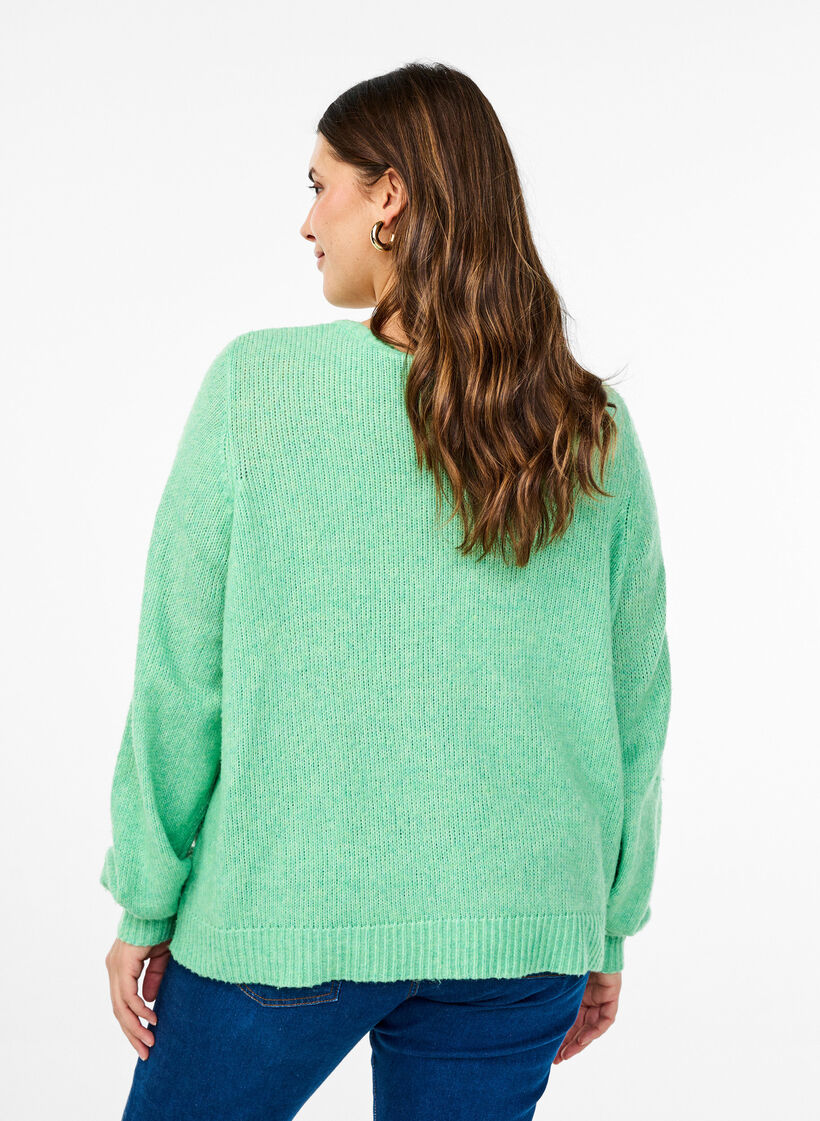 Strikcardigan med uld og knapper, Light G. Green Mel., Model image number 1