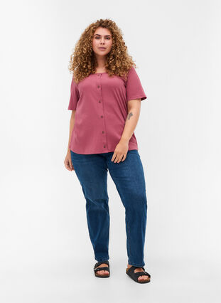 Kortærmet rib t-shirt med knapper, Deco Rose, Model image number 2