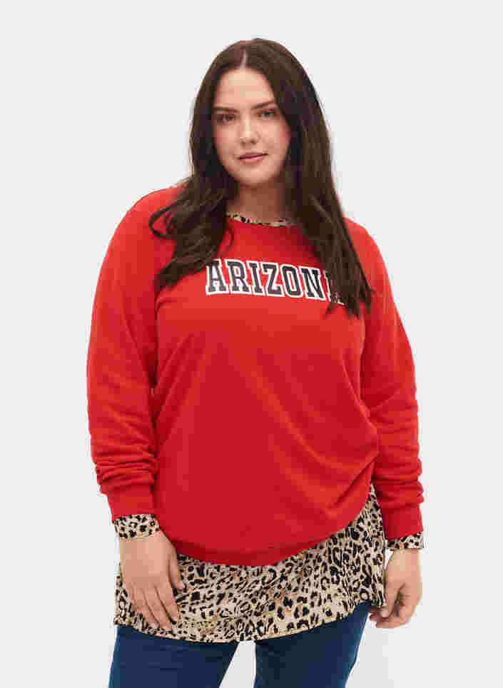 Bomulds sweatshirt med tekst tryk , Chinese Red, Model image number 0