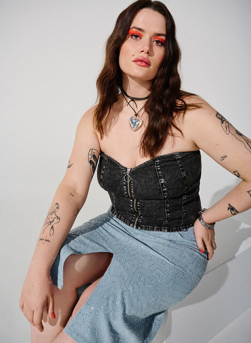 Denim corsage med lynlås , Black, Image image number 0