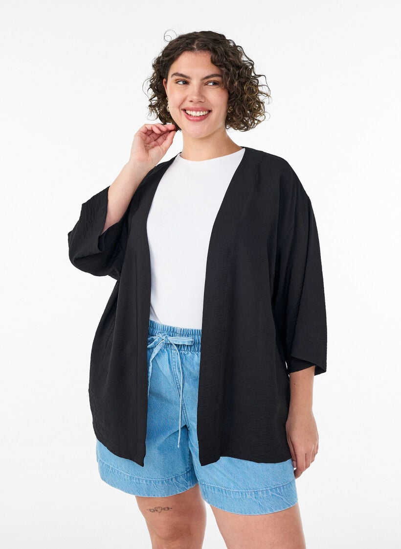 Kort kimono i viskose med 3/4-&aelig;rmer, Sort, Model image number 0