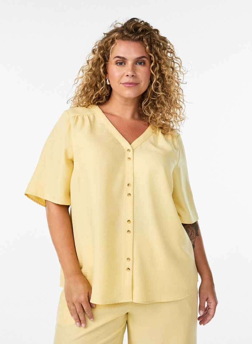 Skjortebluse med v-hals og korte &aelig;rmer, Gul, Model image number 0