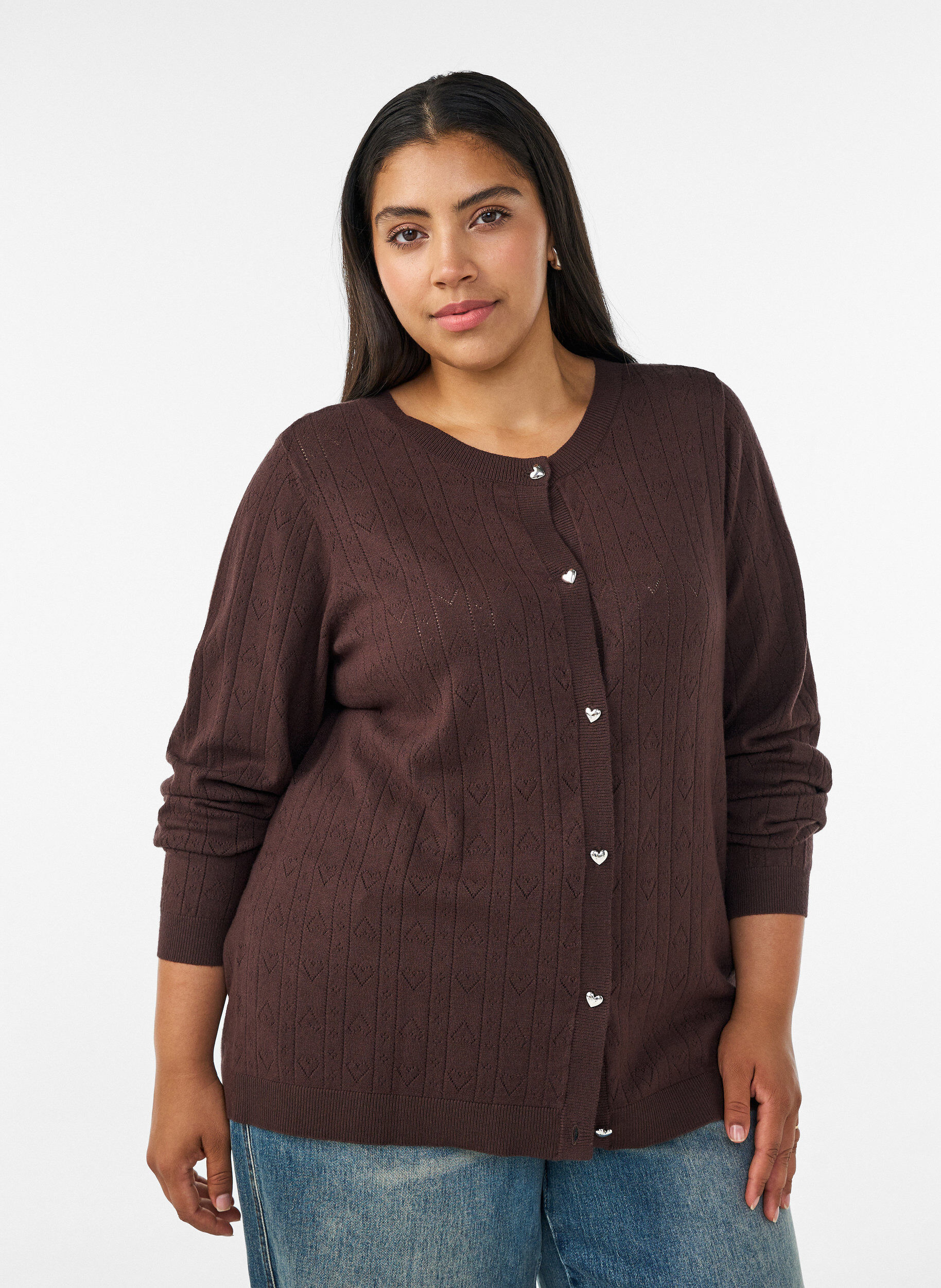 Strikket cardigan med hjertehulm&oslash;nster, Brun, Model