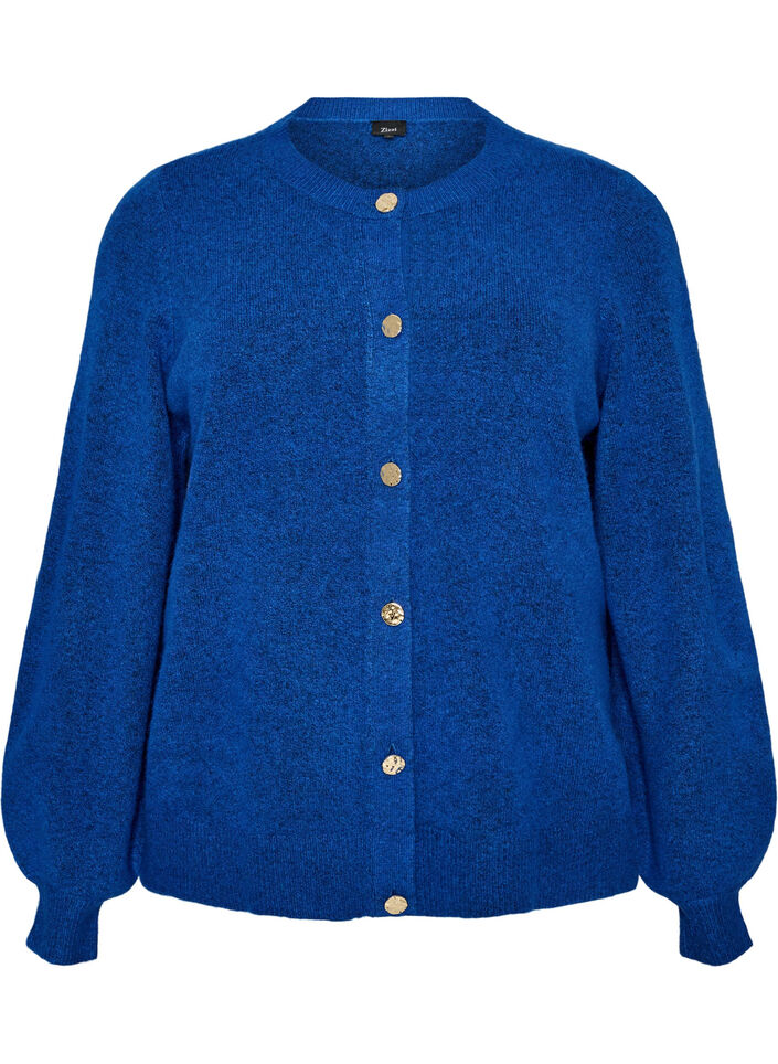 Cardigan i bl&oslash;d strik med guldfarvede knapper, Turkis, Packshot image number 0