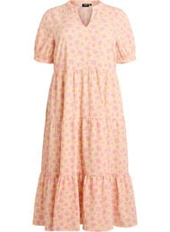 Ankellang kjole med korte &aelig;rmer og volantlag, Gul