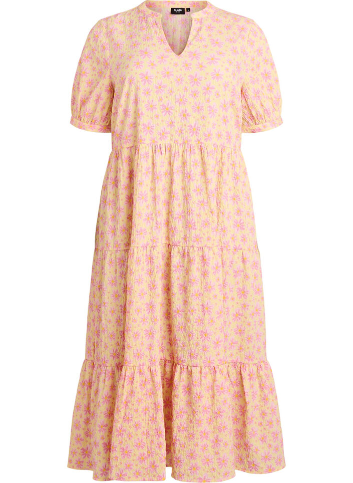 Ankellang kjole med korte &aelig;rmer og volantlag, Gul, Packshot image number 0